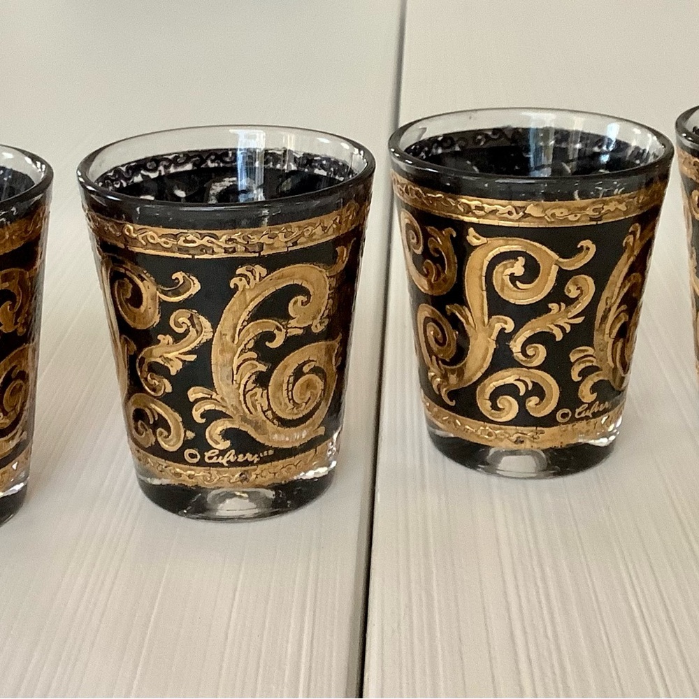 Vintage Culver Black Glass with 22 carat Gold Baroque Scroll Shot Glasses
